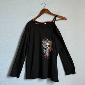 Floral Skull Long Sleeve Off Shoulder Tank Top Strap Shirt